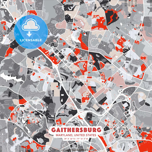 Gaithersburg, Maryland, United States - modern street map poster template with gray and red tones