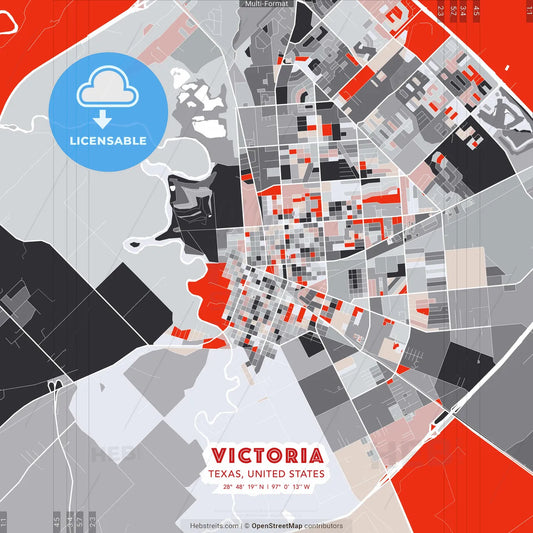 Victoria, Texas, United States - modern street map poster template with gray and red tones