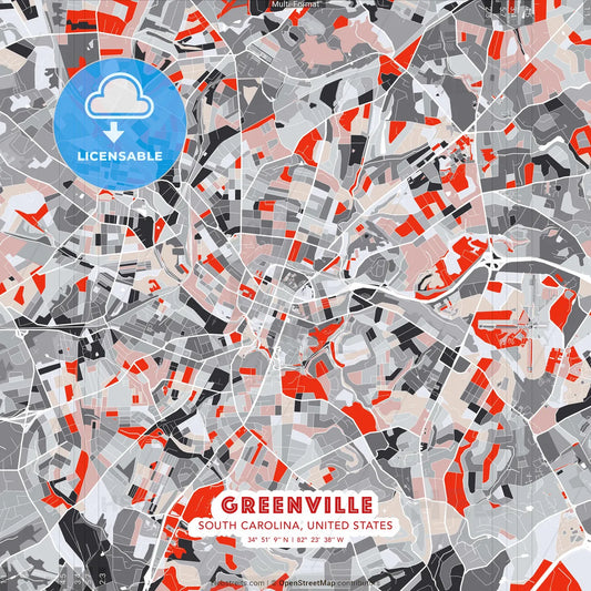 Greenville, South Carolina, United States - modern street map poster template with gray and red tones