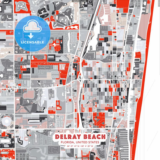 Delray Beach, Florida, United States - modern street map poster template with gray and red tones