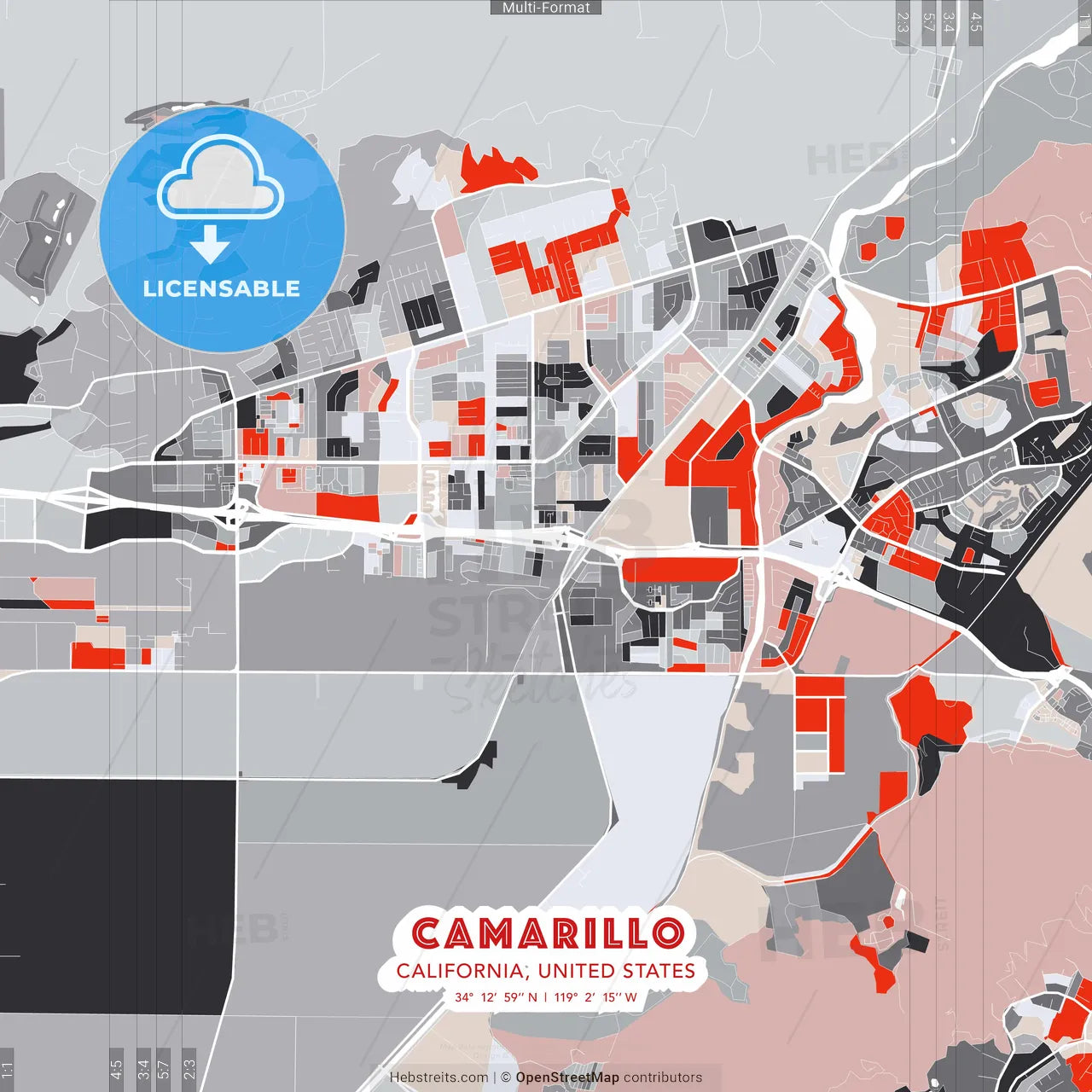 Camarillo, California, United States - modern street map poster template with gray and red tones