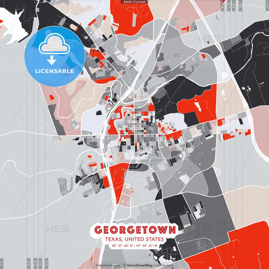 Georgetown, Texas, United States - modern street map poster template with gray and red tones