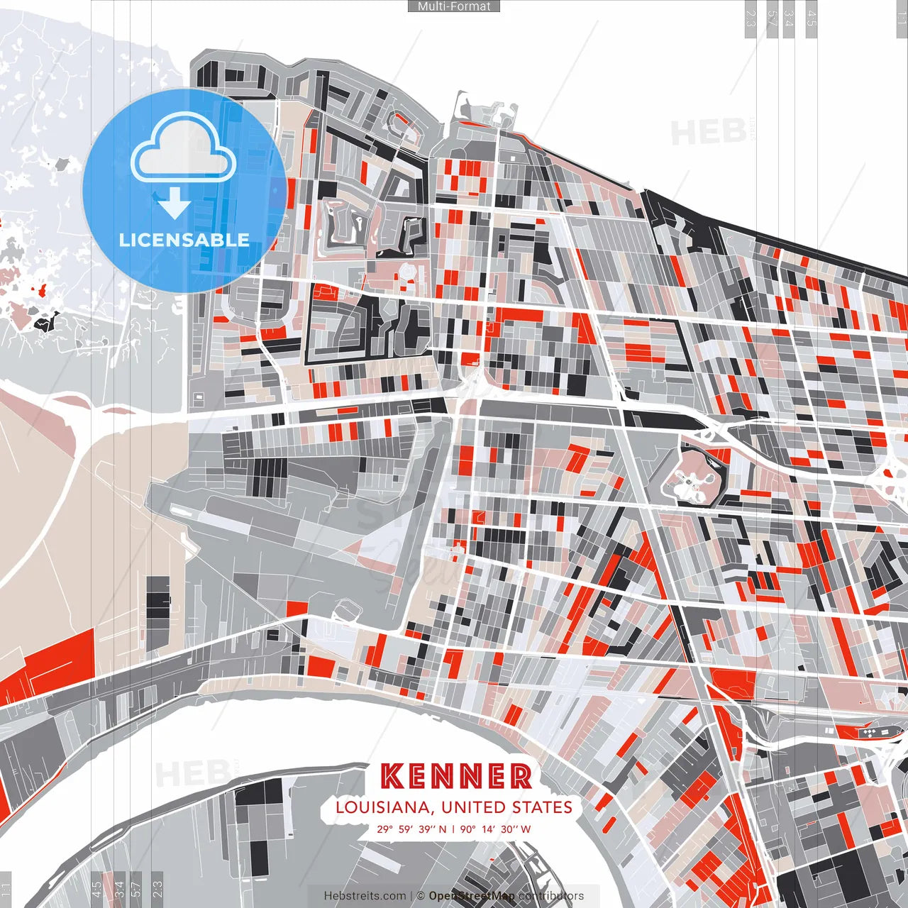 Kenner, Louisiana, United States - modern street map poster template with gray and red tones