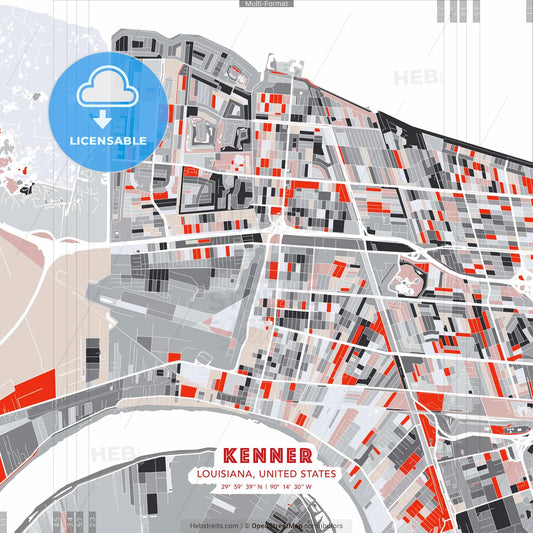 Kenner, Louisiana, United States - modern street map poster template with gray and red tones