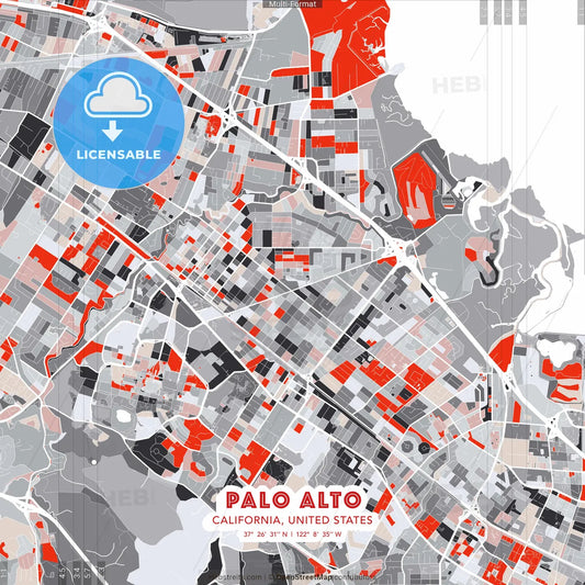 Palo Alto, California, United States - modern street map poster template with gray and red tones