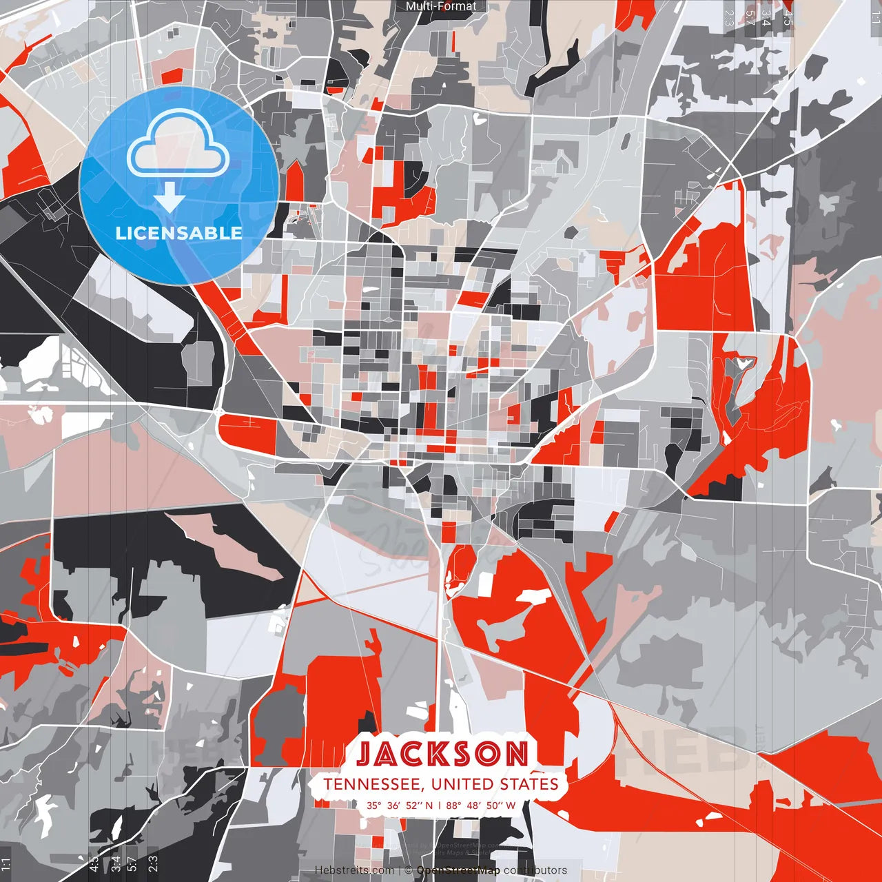 Jackson, Tennessee, United States - modern street map poster template with gray and red tones