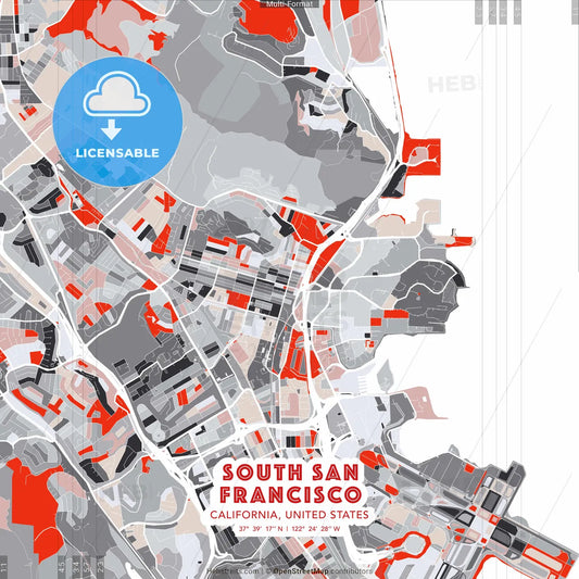 South San Francisco, California, United States - modern street map poster template with gray and red tones