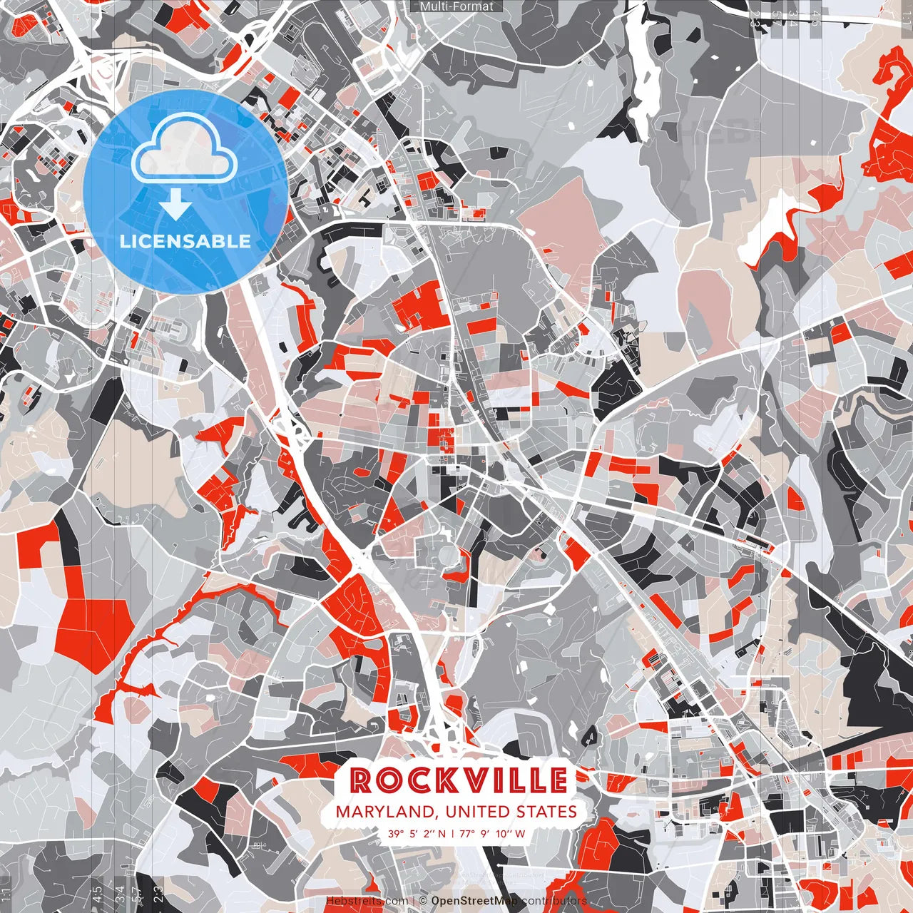 Rockville, Maryland, United States - modern street map poster template with gray and red tones