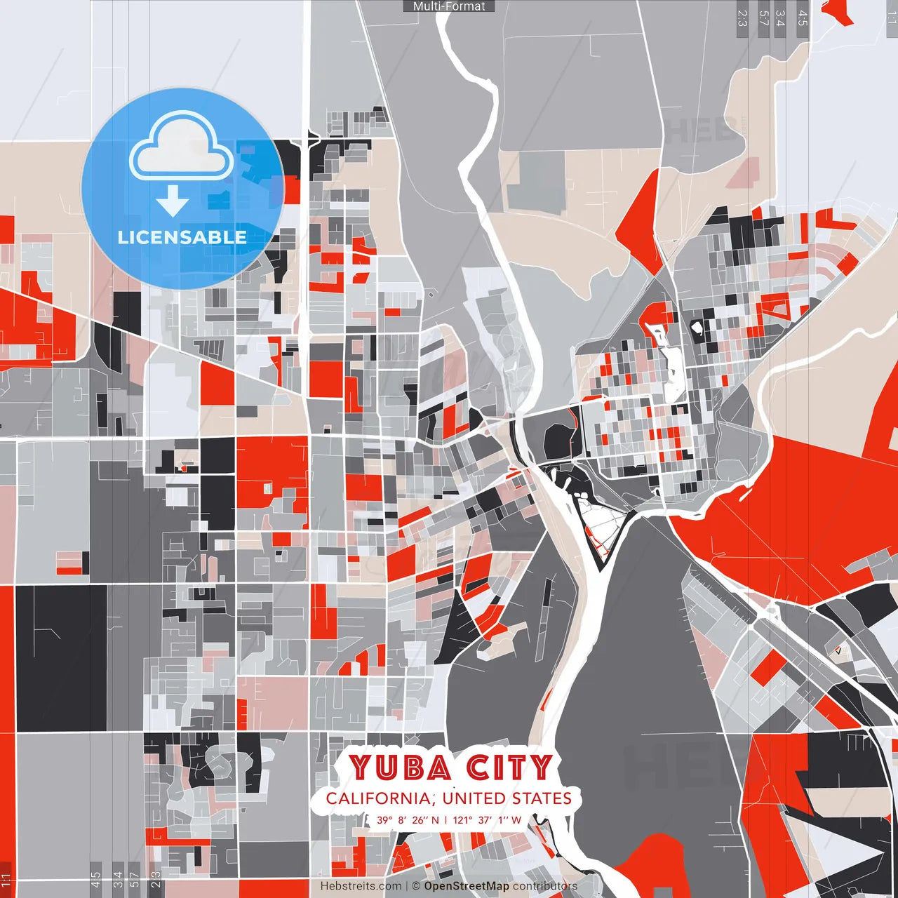 Yuba City, California, United States - modern street map poster template with gray and red tones