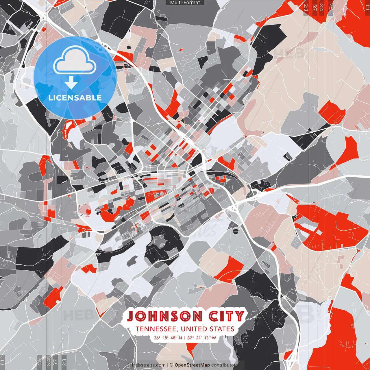 Johnson City, Tennessee, United States - modern street map poster template with gray and red tones