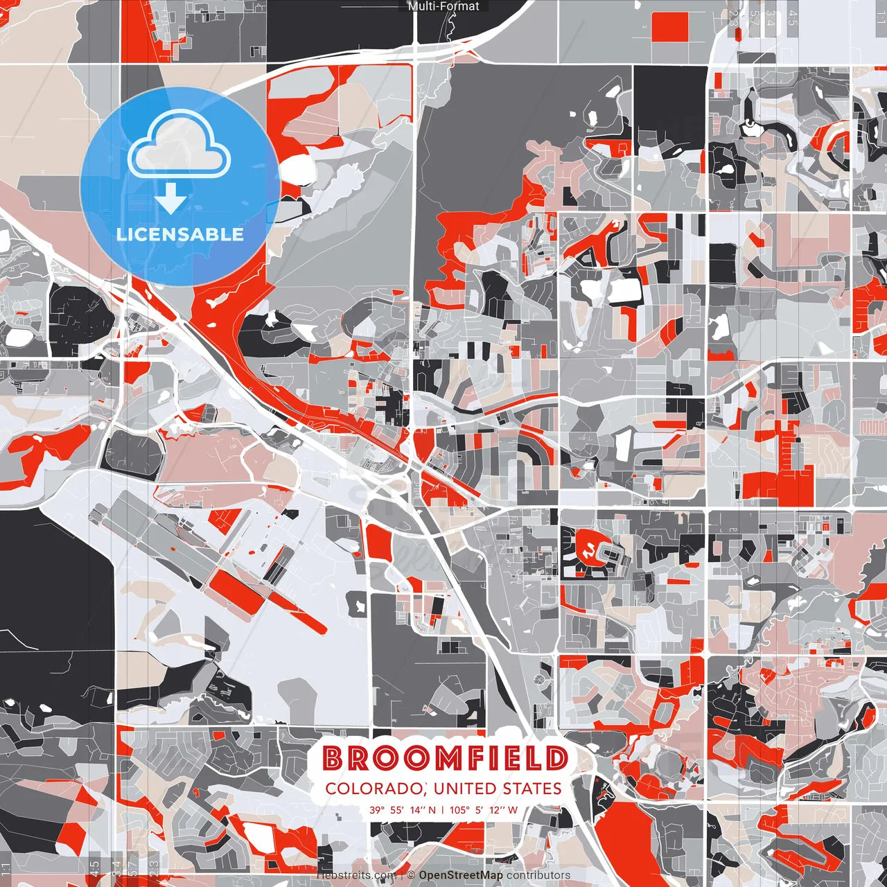 Broomfield, Colorado, United States - modern street map poster template with gray and red tones