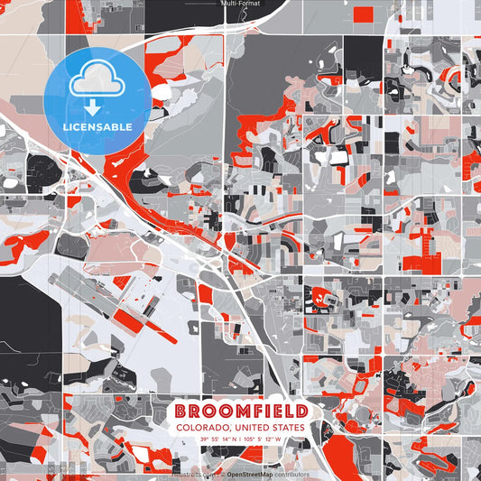 Broomfield, Colorado, United States - modern street map poster template with gray and red tones