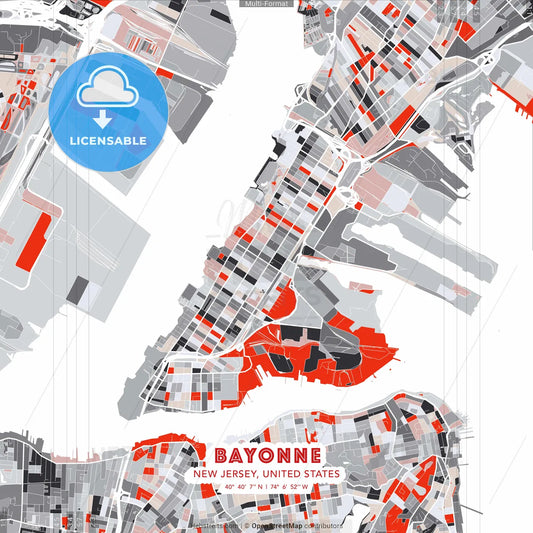 Bayonne, New Jersey, United States - modern street map poster template with gray and red tones