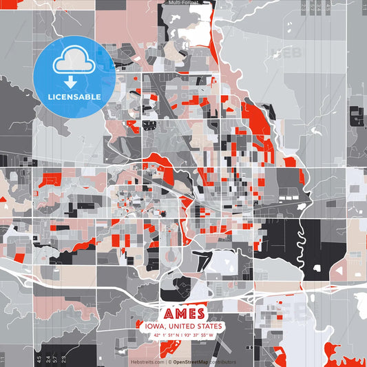 Ames, Iowa, United States - modern street map poster template with gray and red tones
