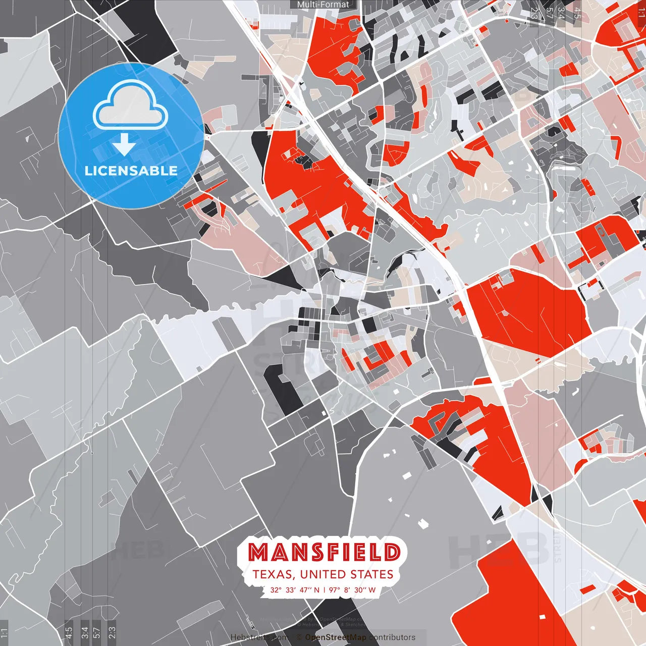 Mansfield, Texas, United States - modern street map poster template with gray and red tones