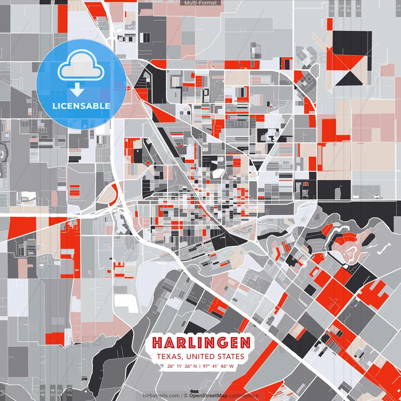Harlingen, Texas, United States - modern street map poster template with gray and red tones
