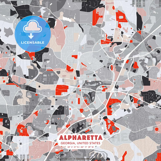 Alpharetta, Georgia, United States - modern street map poster template with gray and red tones