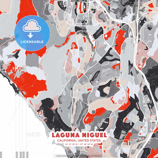 Laguna Niguel, California, United States - modern street map poster template with gray and red tones