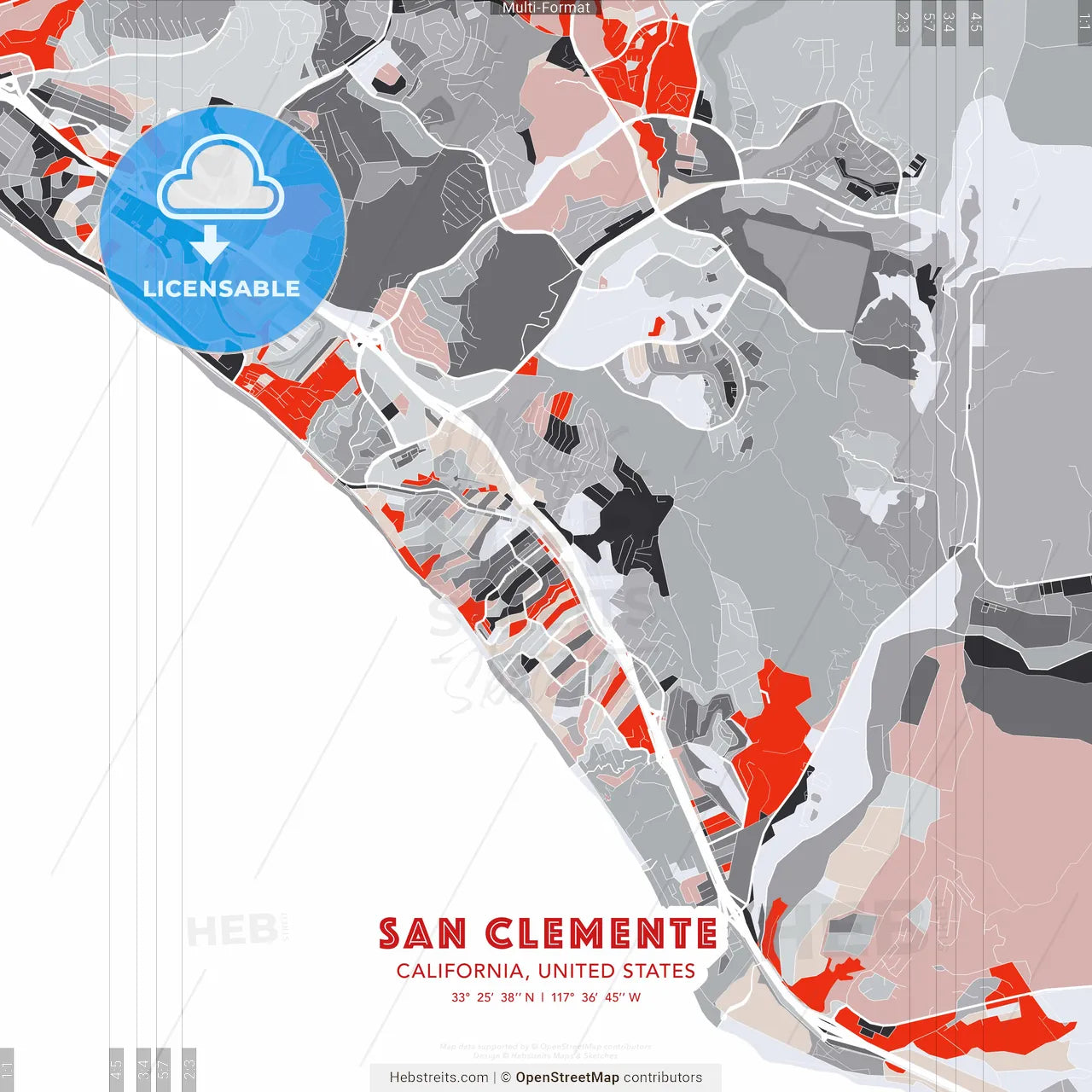 San Clemente, California, United States - modern street map poster template with gray and red tones