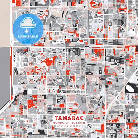 Tamarac, Florida, United States - modern street map poster template with gray and red tones