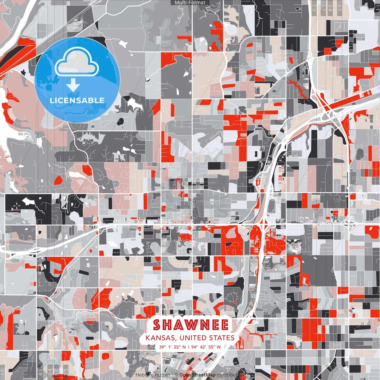 Shawnee, Kansas, United States - modern street map poster template with gray and red tones