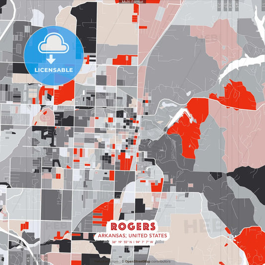 Rogers, Arkansas, United States - modern street map poster template with gray and red tones