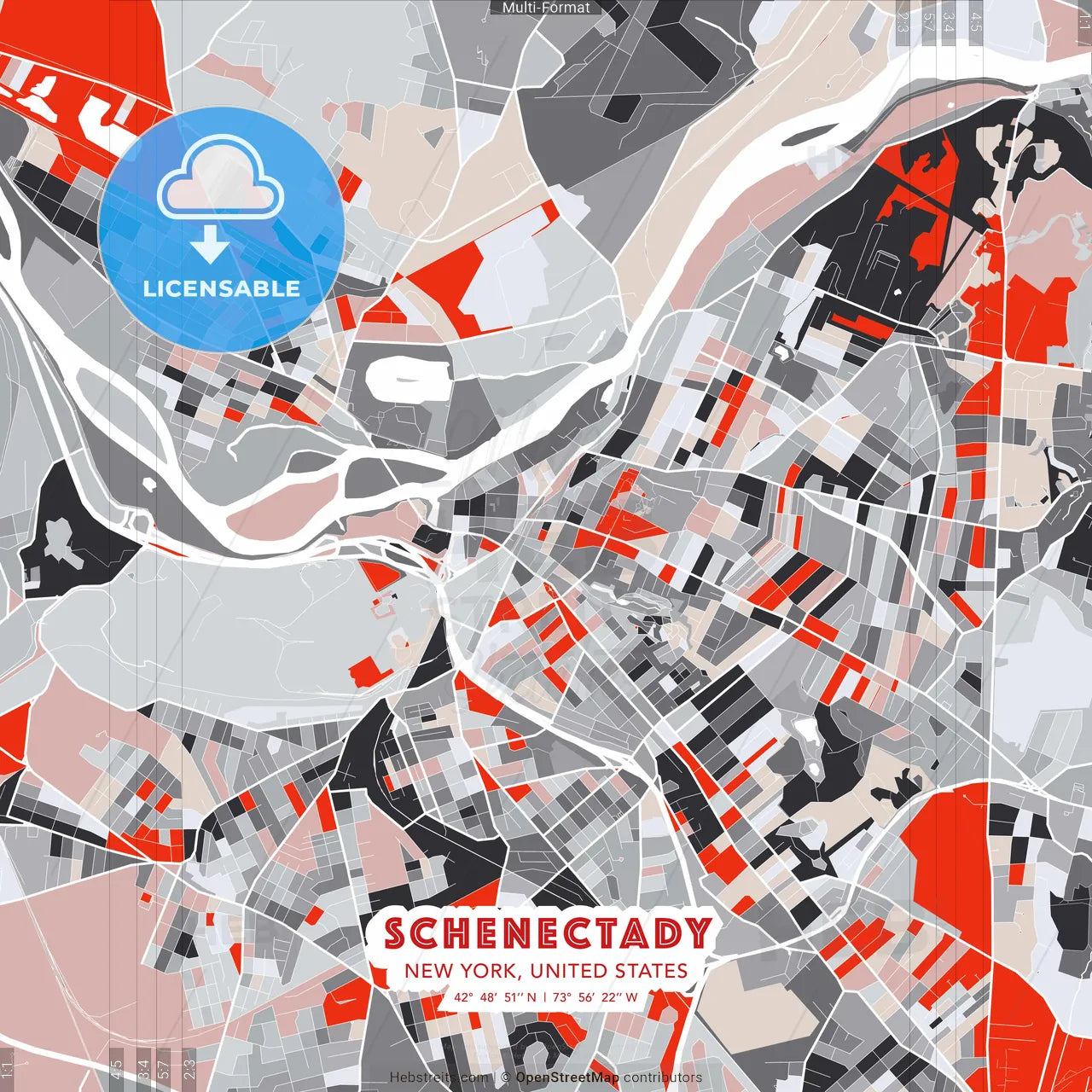 Schenectady, New York, United States - modern street map poster template with gray and red tones