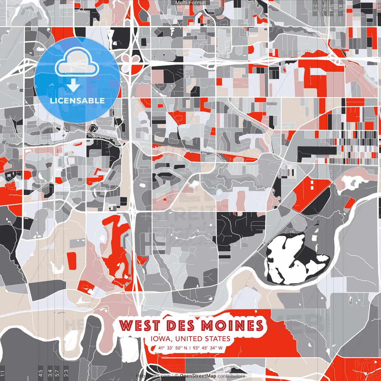 West Des Moines, Iowa, United States - modern street map poster template with gray and red tones