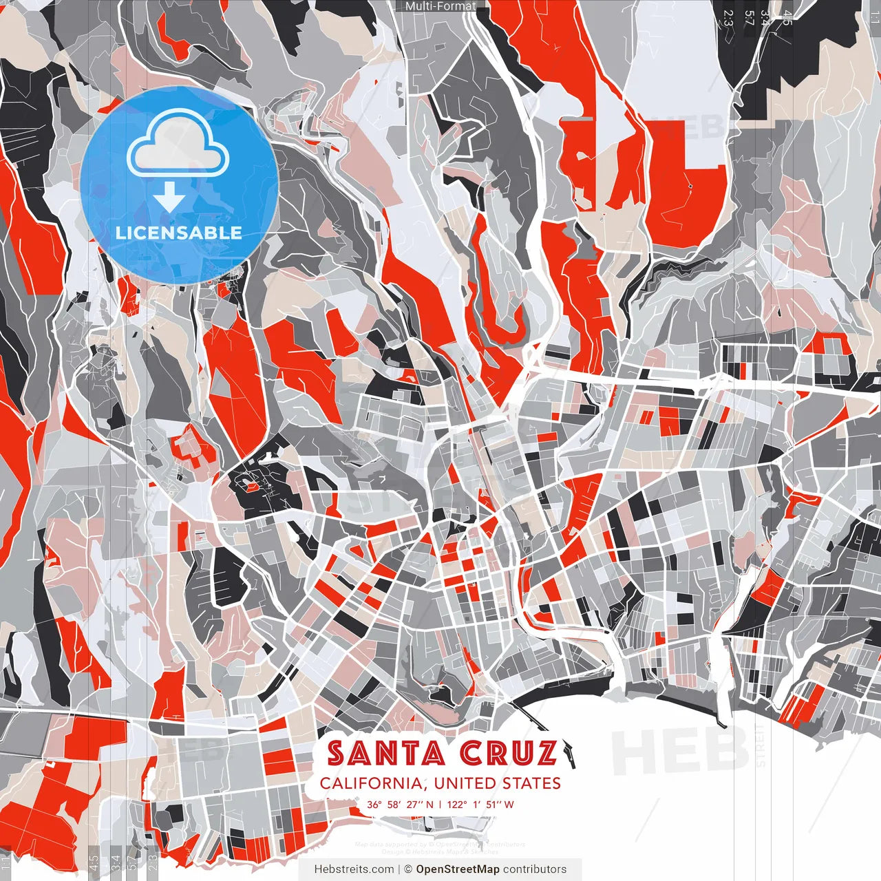 Santa Cruz, California, United States - modern street map poster template with gray and red tones