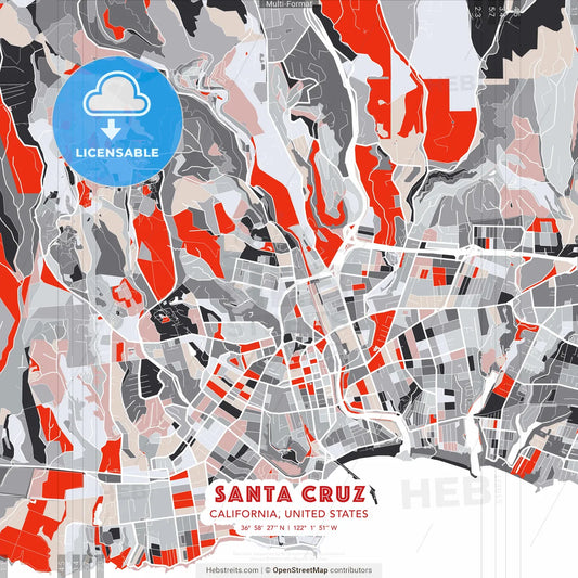 Santa Cruz, California, United States - modern street map poster template with gray and red tones