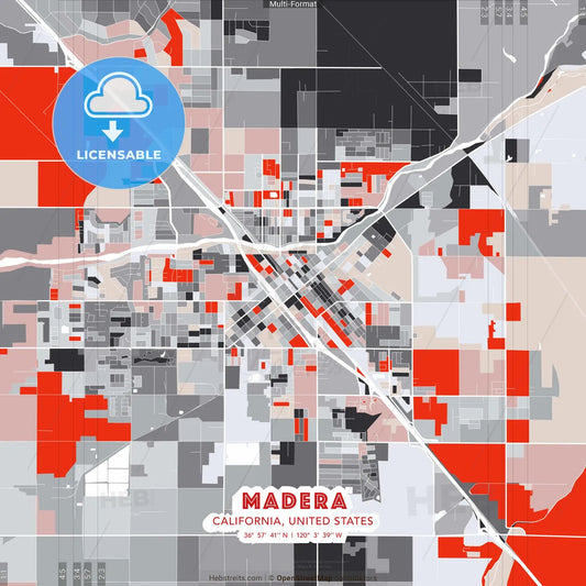Madera, California, United States - modern street map poster template with gray and red tones