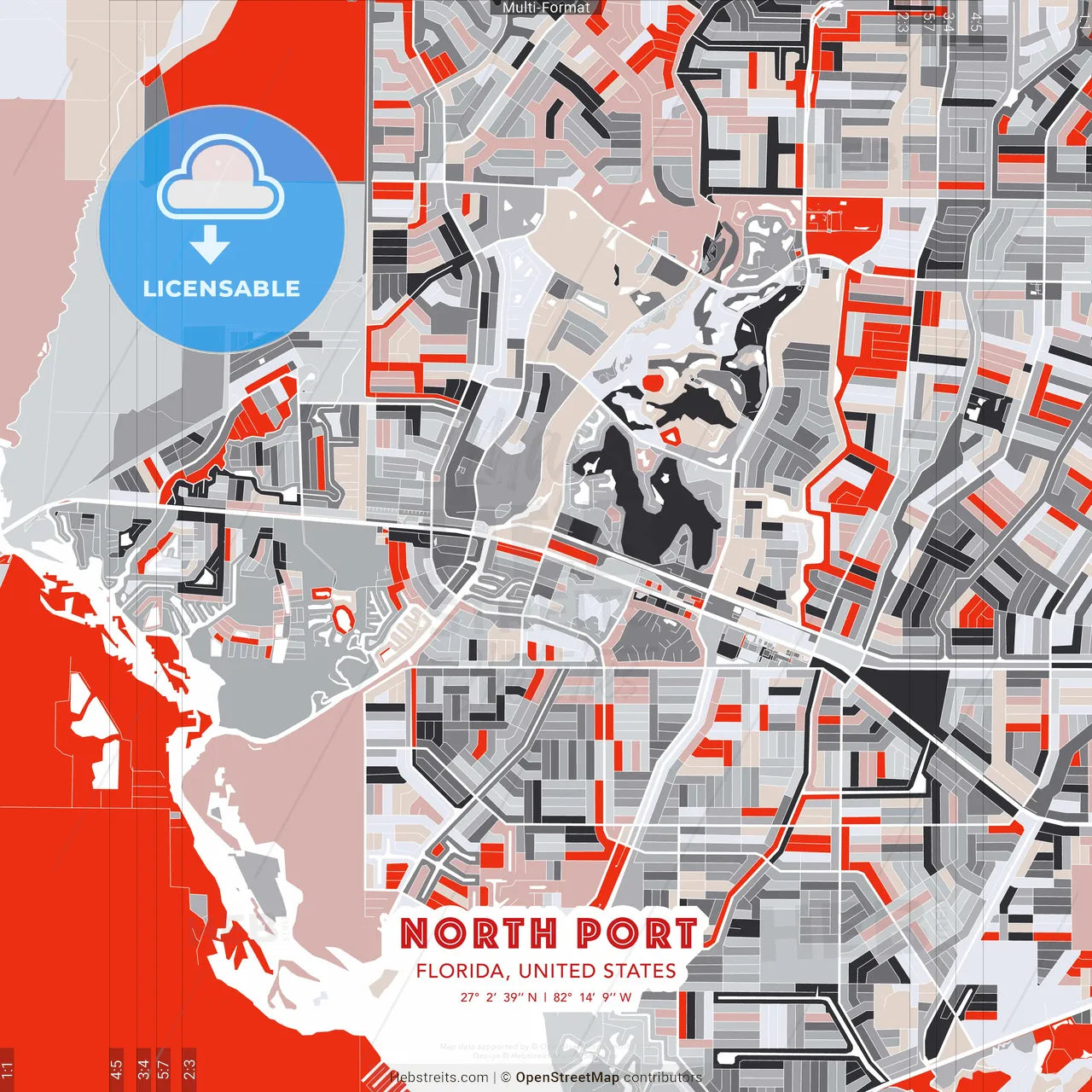 North Port, Florida, United States - modern street map poster template with gray and red tones