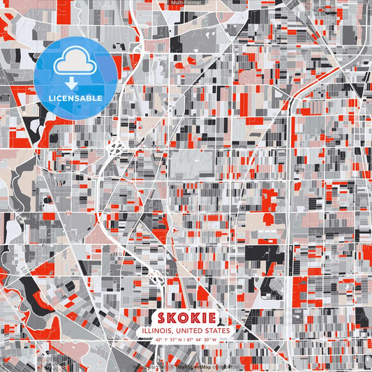 Skokie, Illinois, United States - modern street map poster template with gray and red tones
