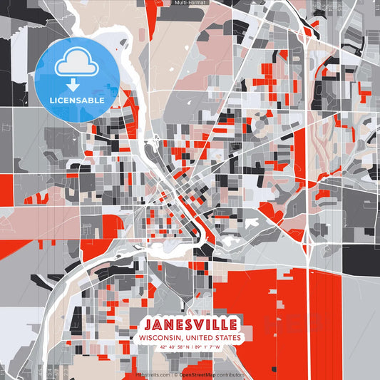 Janesville, Wisconsin, United States - modern street map poster template with gray and red tones