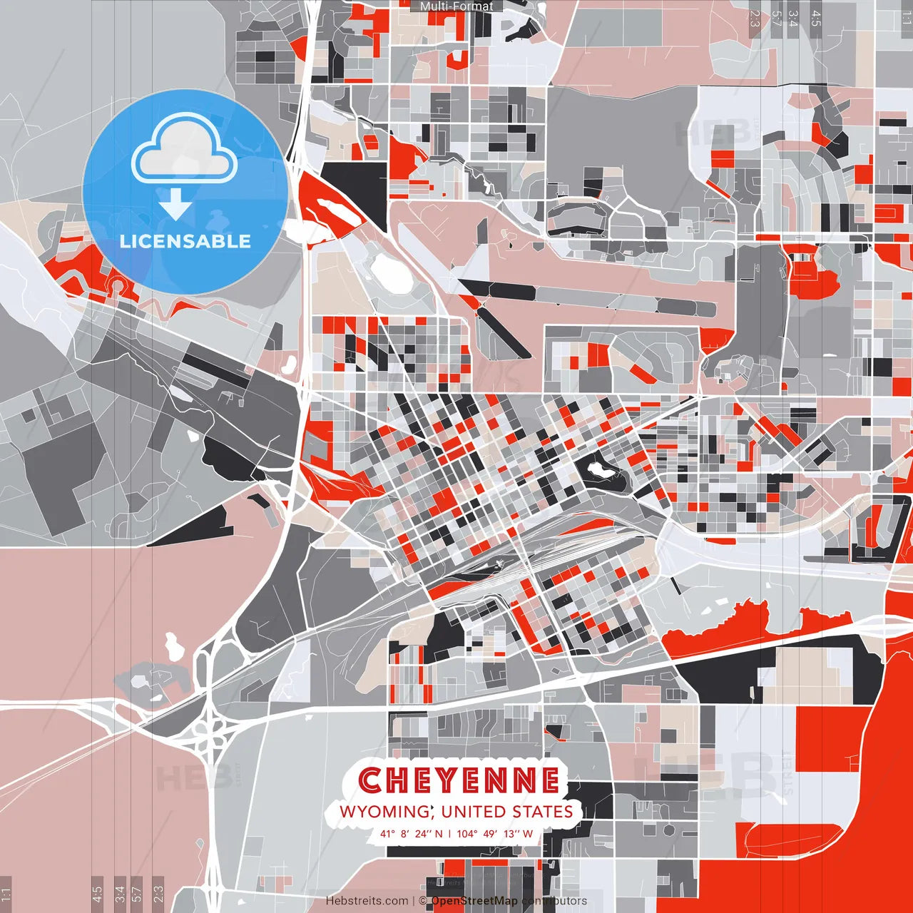 Cheyenne, Wyoming, United States - modern street map poster template with gray and red tones