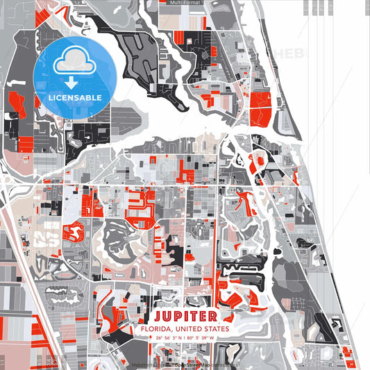 Jupiter, Florida, United States - modern street map poster template with gray and red tones