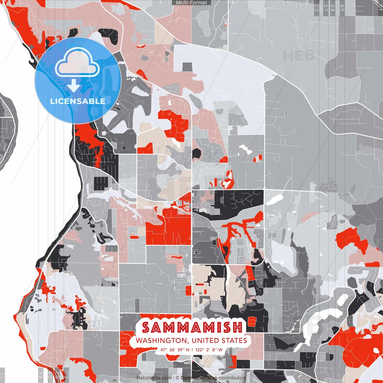 Sammamish, Washington, United States - modern street map poster template with gray and red tones