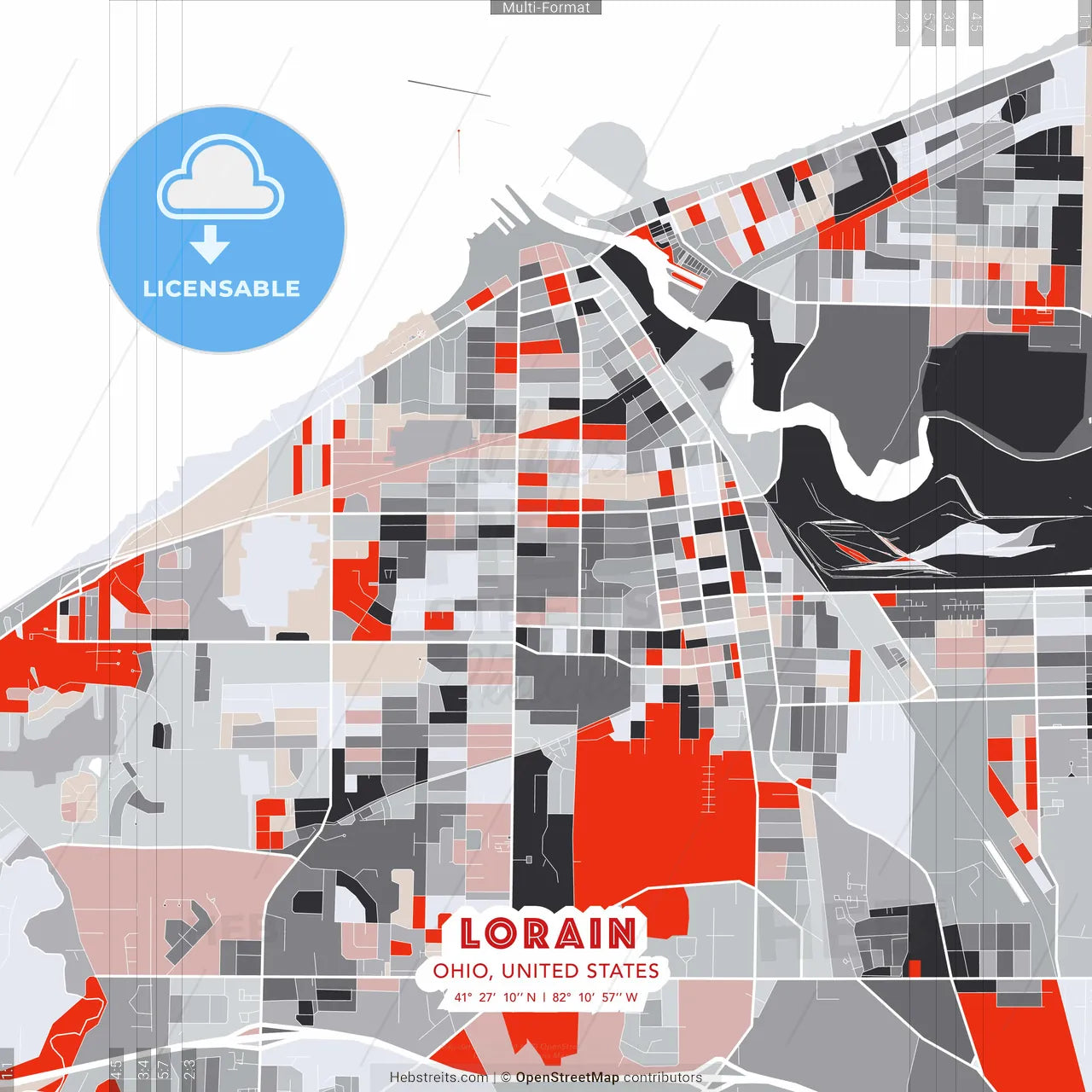 Lorain, Ohio, United States - modern street map poster template with gray and red tones
