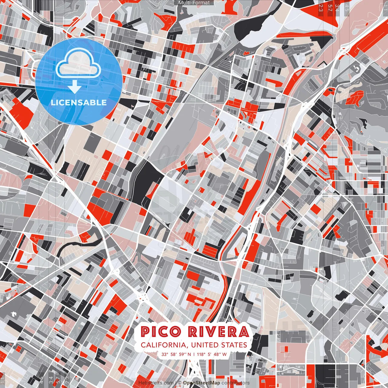 Pico Rivera, California, United States - modern street map poster template with gray and red tones