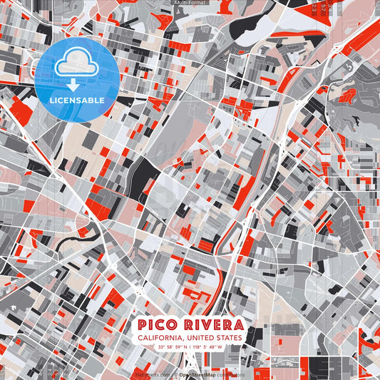 Pico Rivera, California, United States - modern street map poster template with gray and red tones