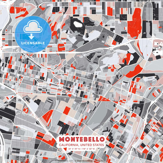 Montebello, California, United States - modern street map poster template with gray and red tones