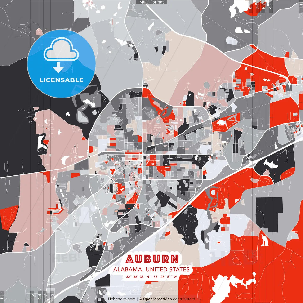Auburn, Alabama, United States - modern street map poster template with gray and red tones