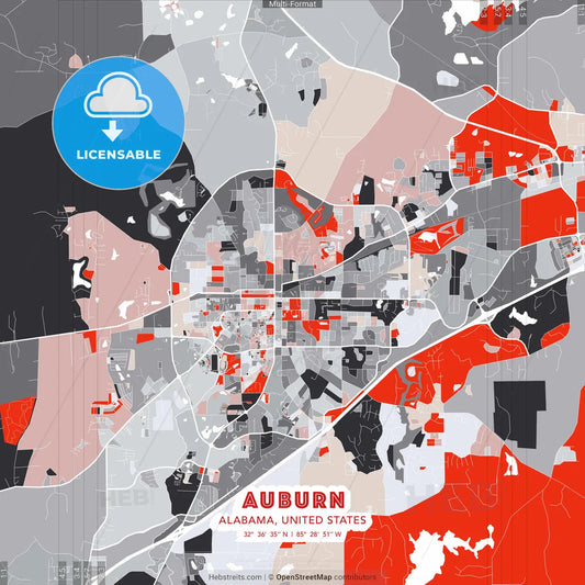 Auburn, Alabama, United States - modern street map poster template with gray and red tones