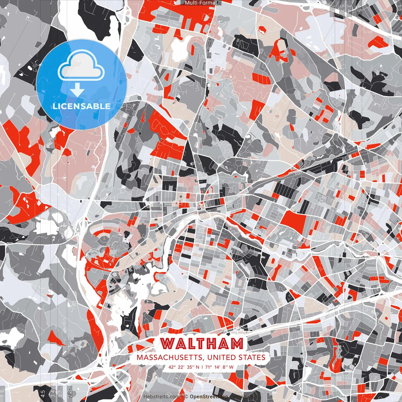 Waltham, Massachusetts, United States - modern street map poster template with gray and red tones