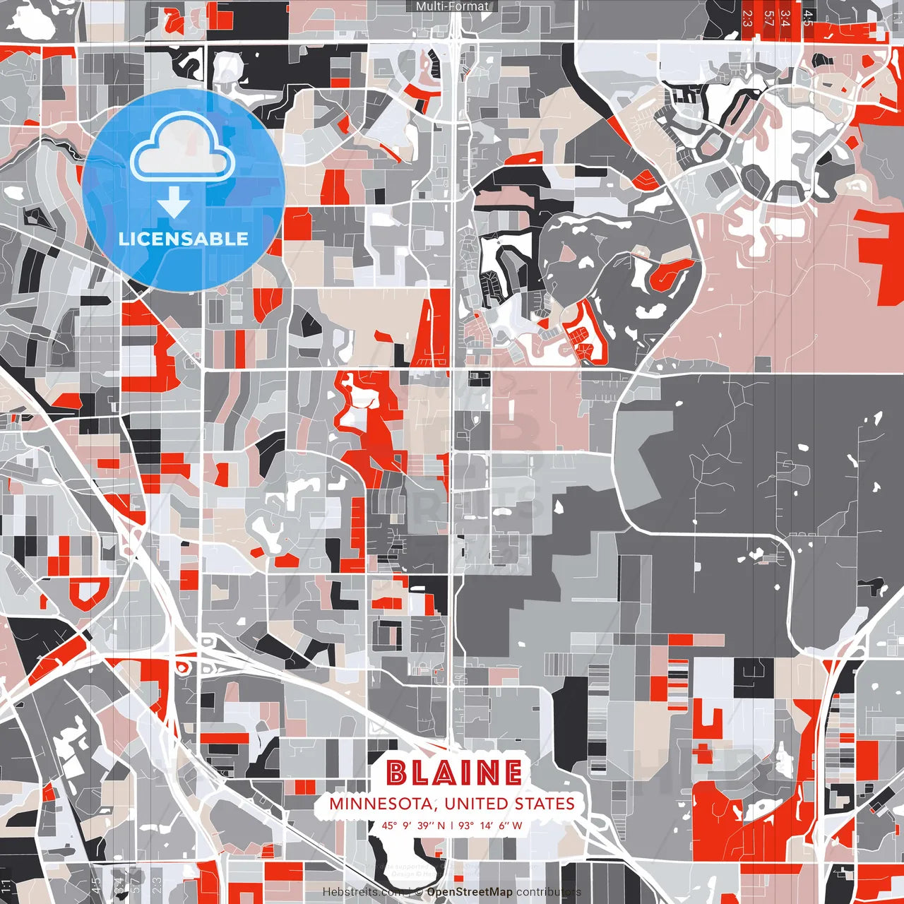 Blaine, Minnesota, United States - modern street map poster template with gray and red tones