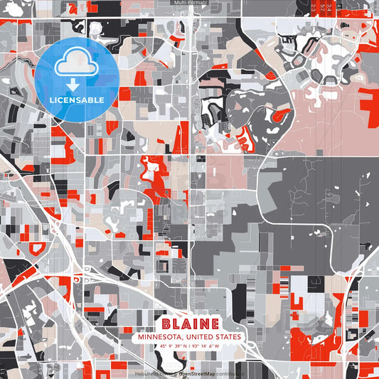 Blaine, Minnesota, United States - modern street map poster template with gray and red tones