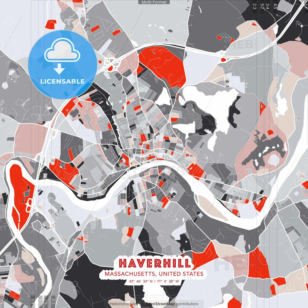 Haverhill, Massachusetts, United States - modern street map poster template with gray and red tones