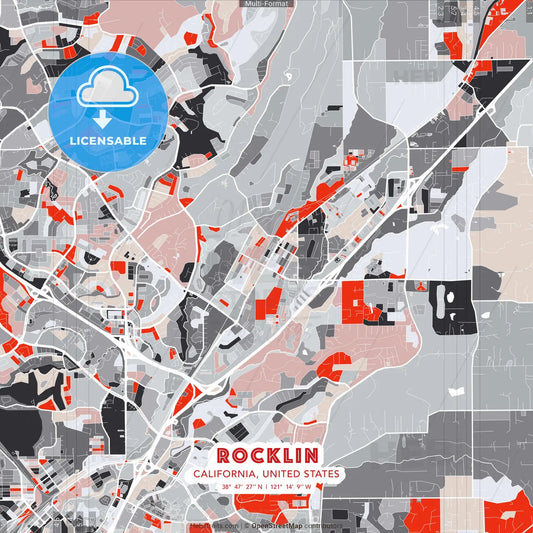 Rocklin, California, United States - modern street map poster template with gray and red tones