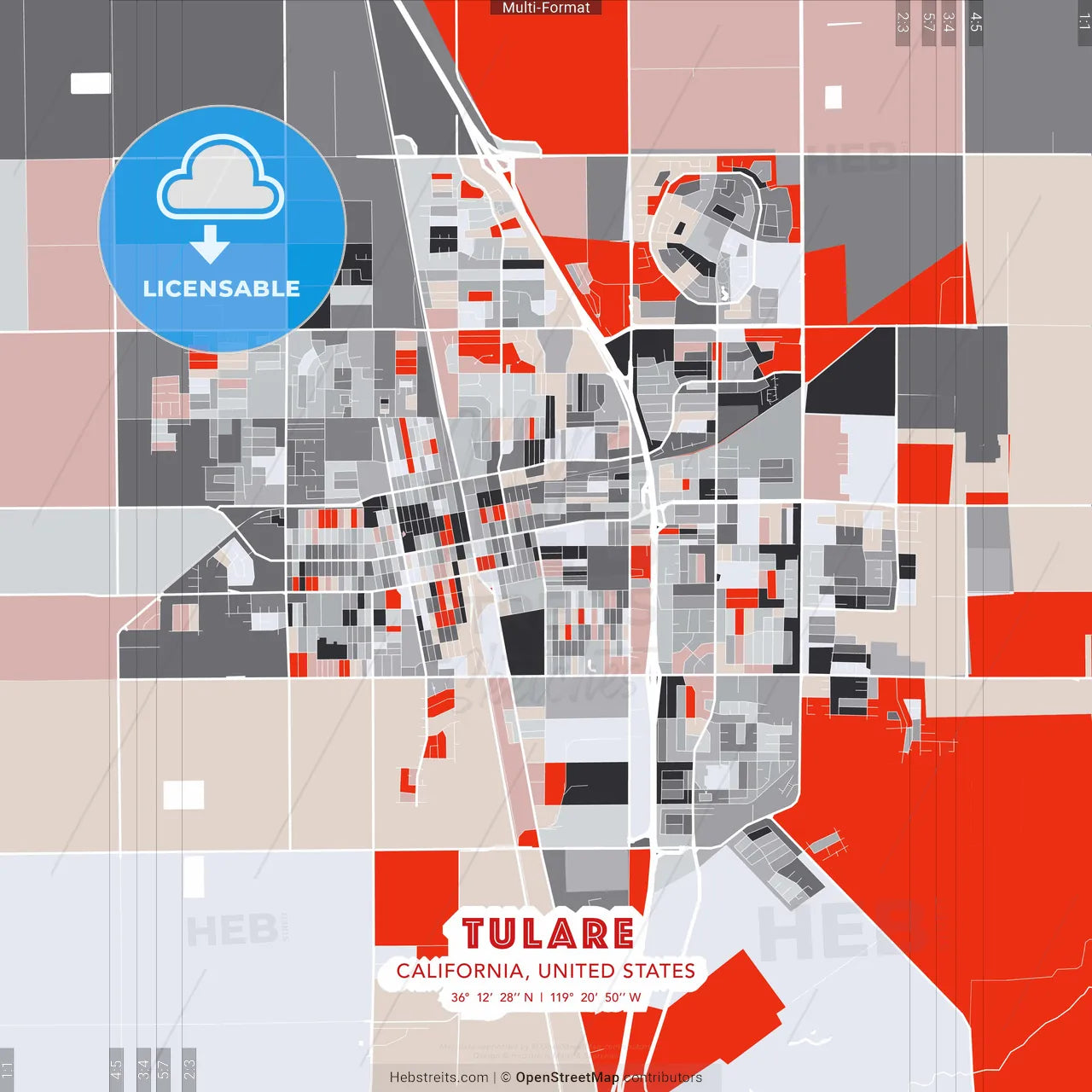 Tulare, California, United States - modern street map poster template with gray and red tones