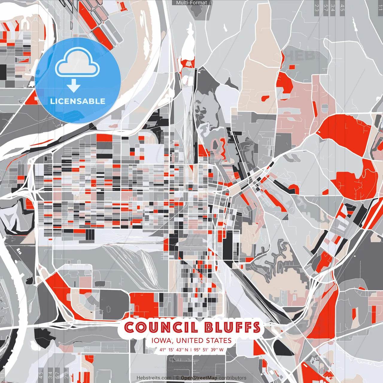 Council Bluffs, Iowa, United States - modern street map poster template with gray and red tones